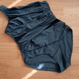 COCOSHIP Charcoal Gray Ruched One Piece Pin Up Mesh Side‎ Panel Swimsuit 14